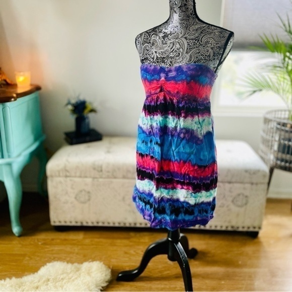 🏷️ 4/$25 Sweetheart Neck Bandeau Pull Over Watercolor Cover Up Mini Dress - Picture 8 of 11